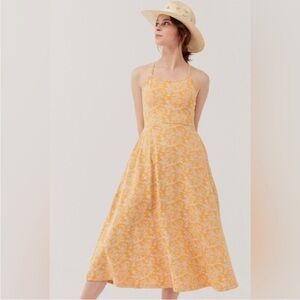 NWT Pact Fit & Flare Midi Dress in Yellow Floral Size Small Cotton Racerback